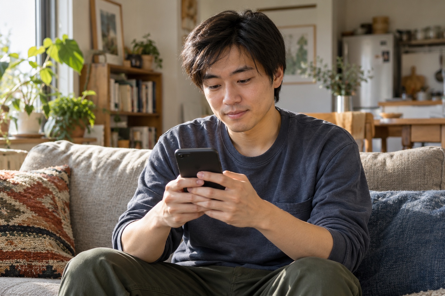 A young adult using a phone at home