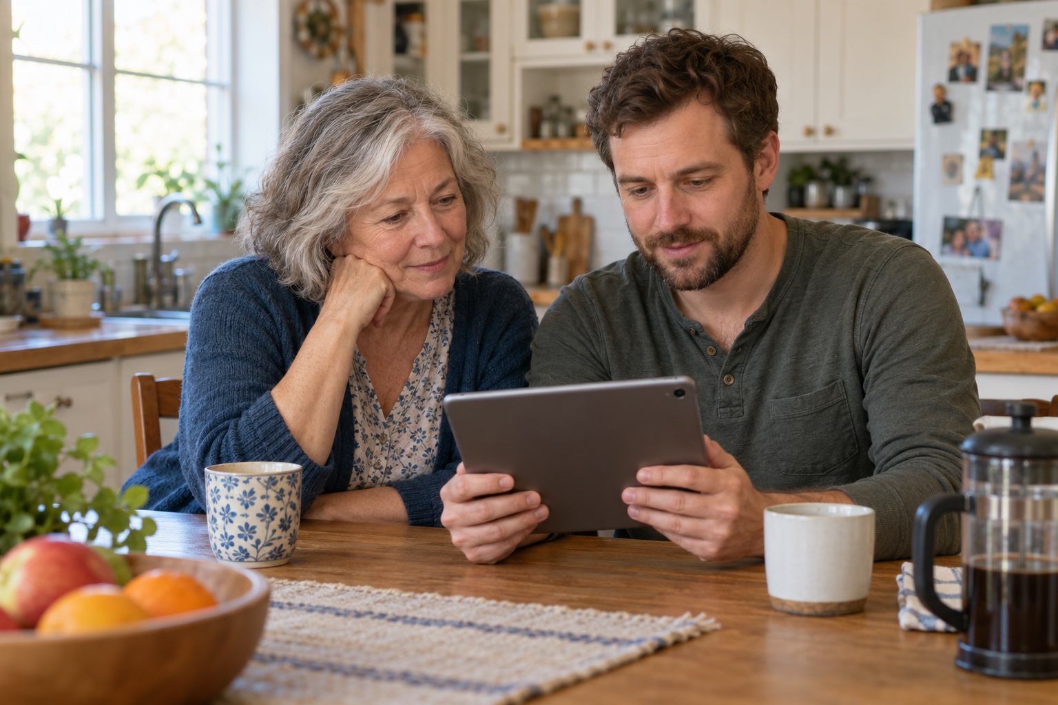 An older caregiver and their adult child sharing a tablet at a kitchen table